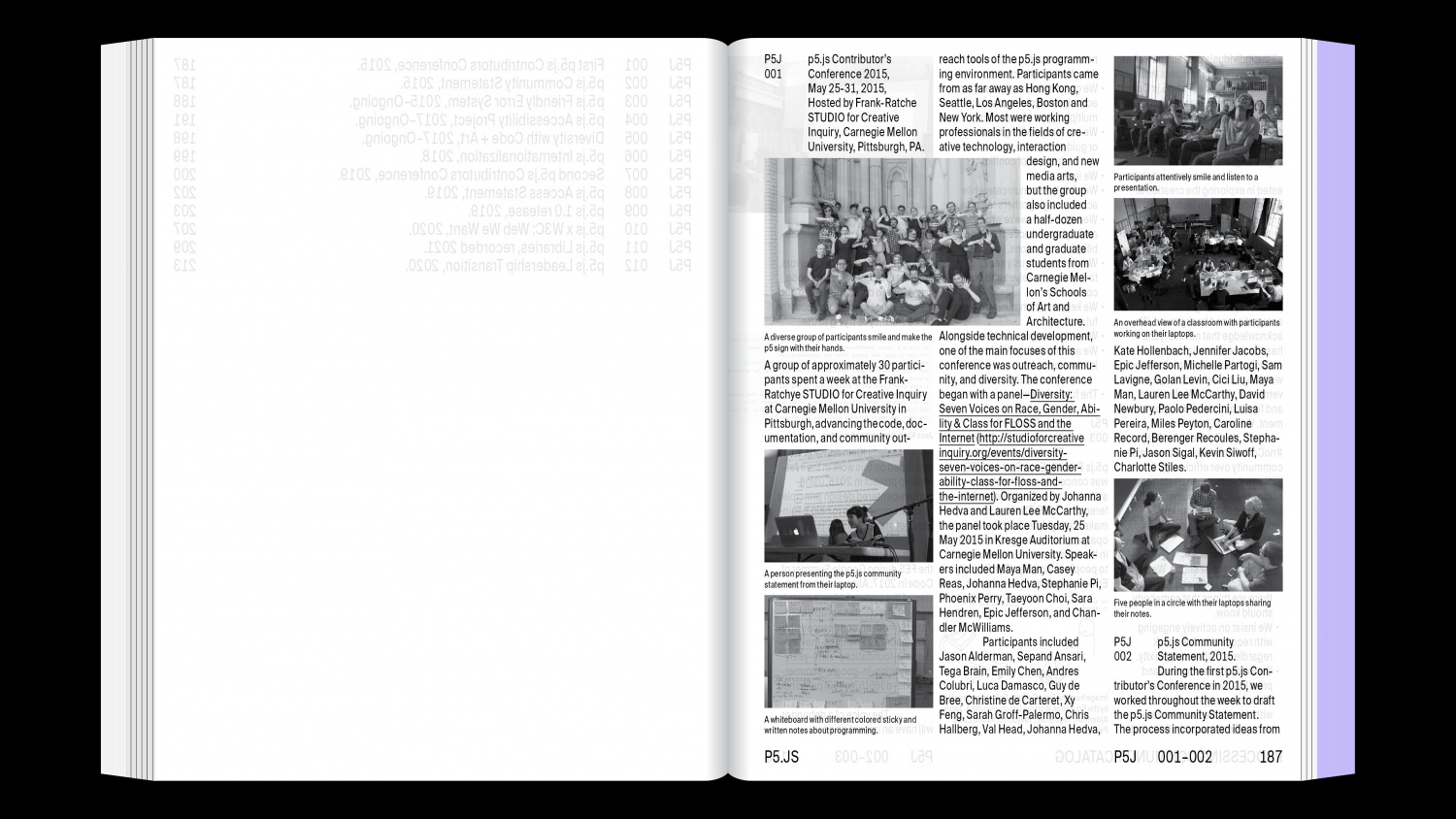 spread from catalog featuring p5.js contributors conference