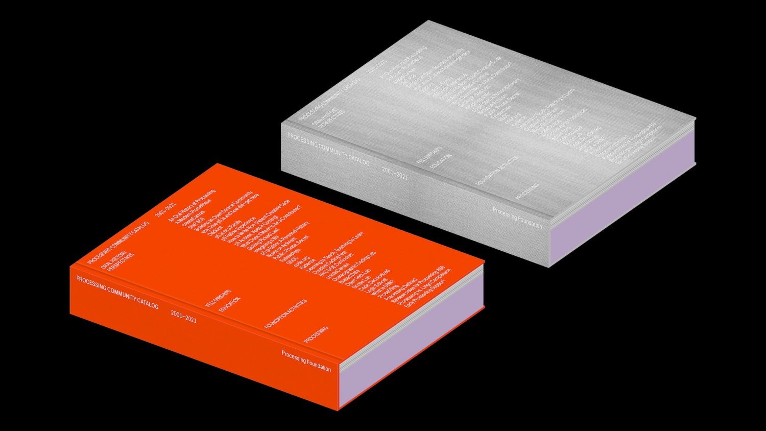 rendering of two books orange and silver covers lavender pages