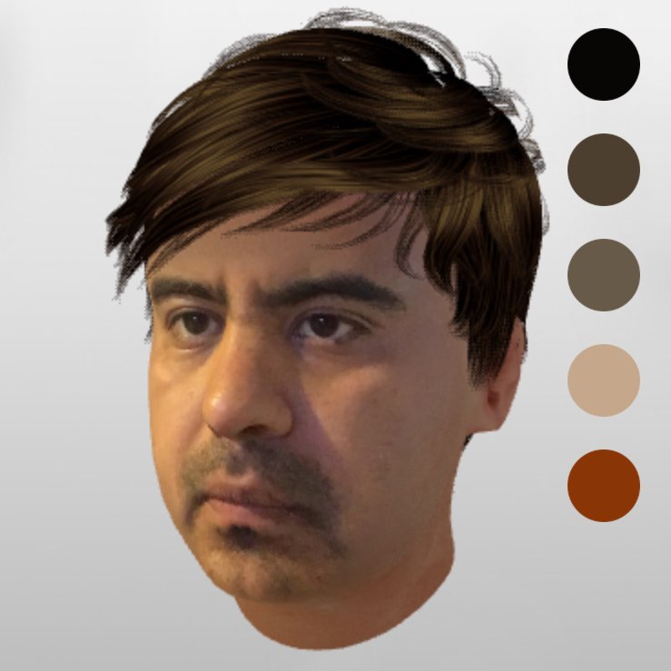 A computer generated head of a person looking to the left in front of a white gradient screen. There are the five dots on the right with different colors.