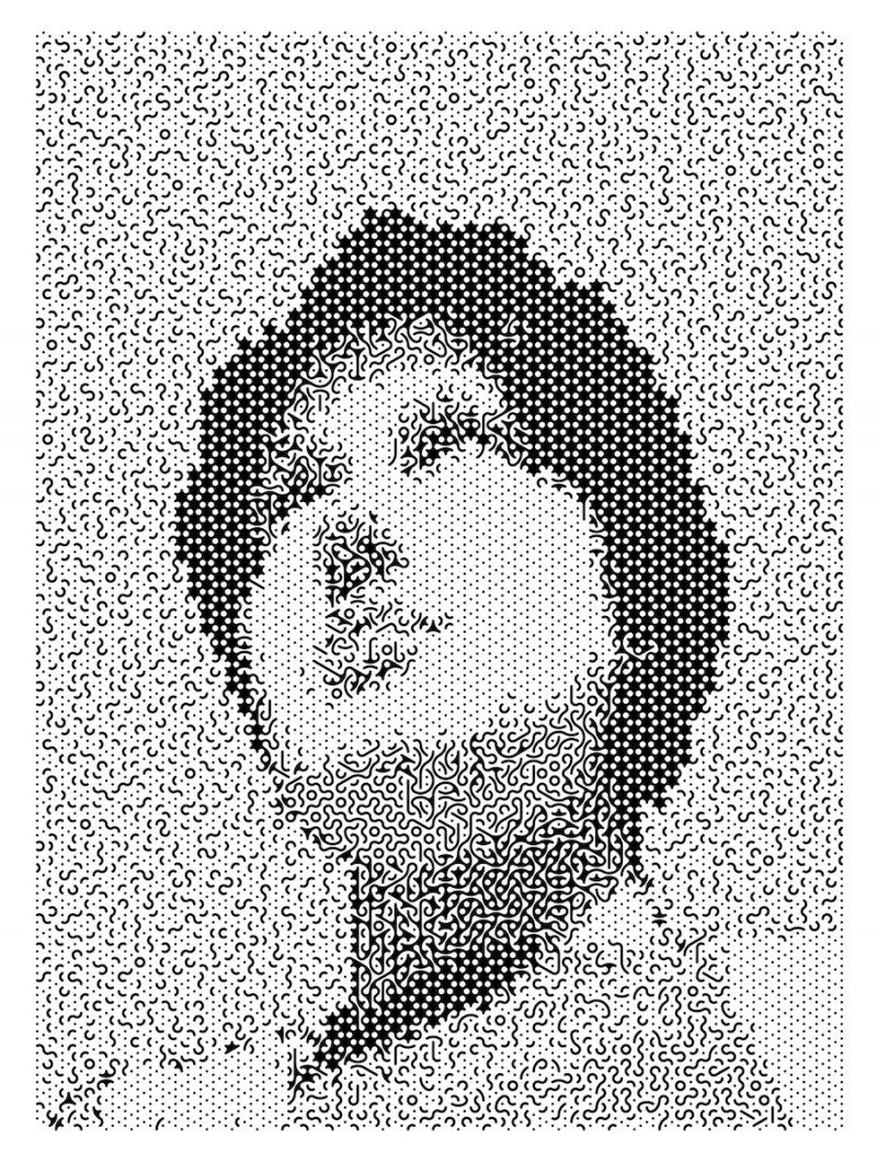 an abstract portrait of Izzy, who has short hair and light skin and is looking up and to the right. The image was made using p5.js. Lots of squiggly black and white shapes come together to make a grayscale image.